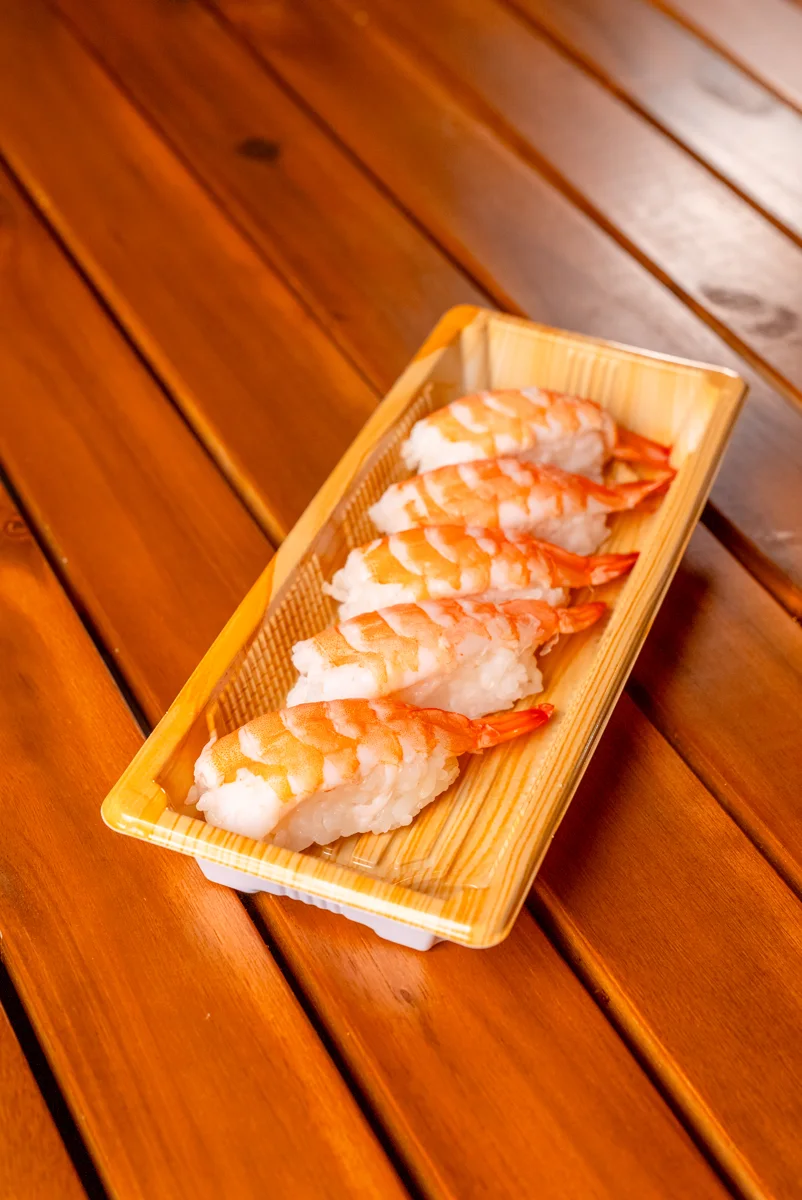 A tray of prawn nigiri