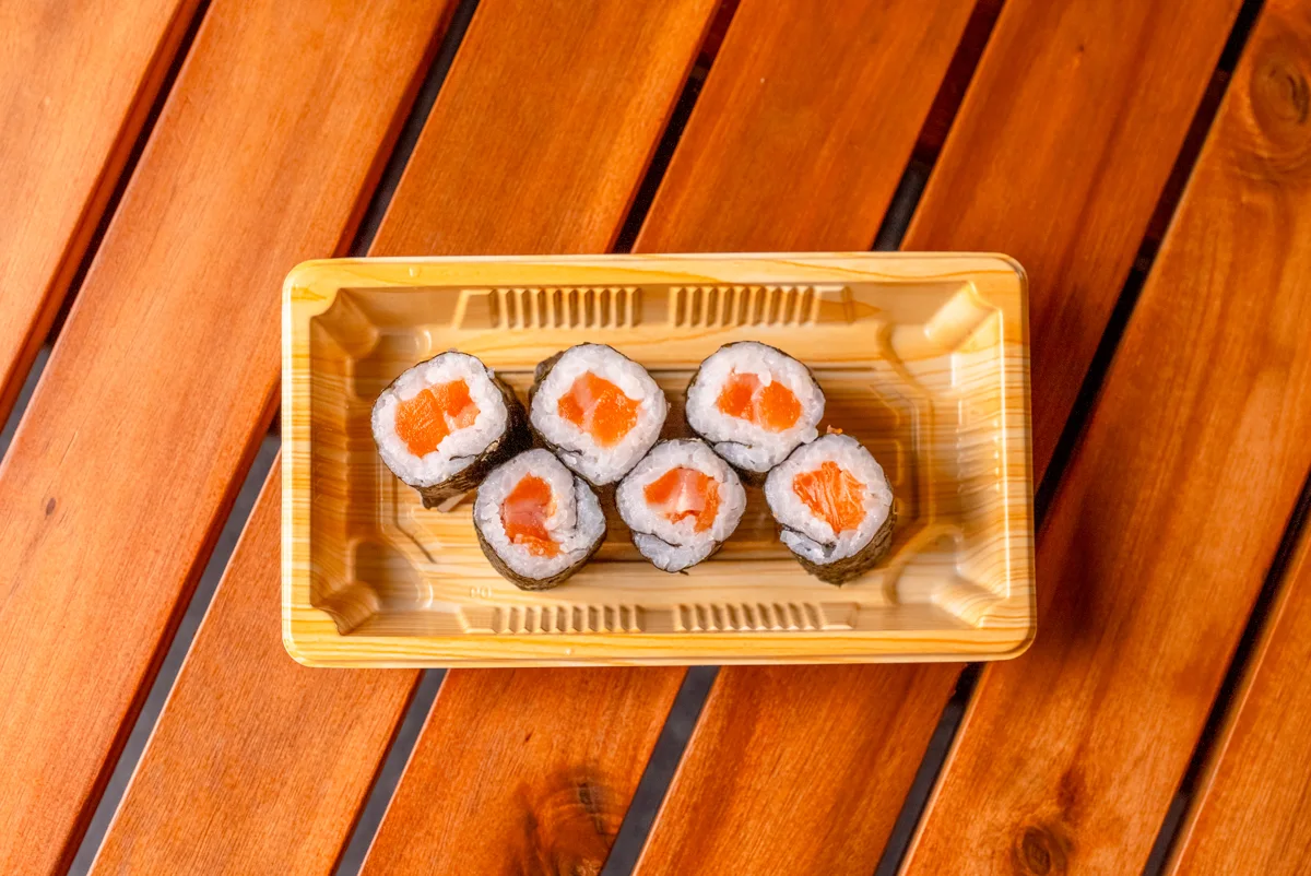 A box of salmon baby sushi rolls
